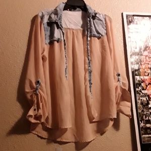 Adorable sheer peach button up with denim detail